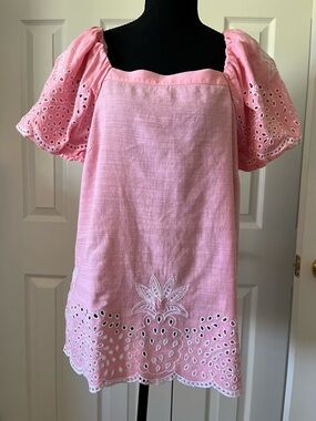 Talbots Pink Linen Blend Eyelet Embroidered Top Sz M EUC